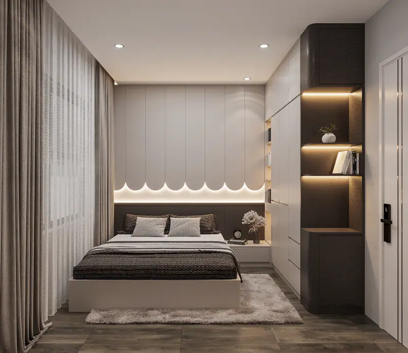 Phòng ngủ nhỏ với đầu giường lượn sóng
