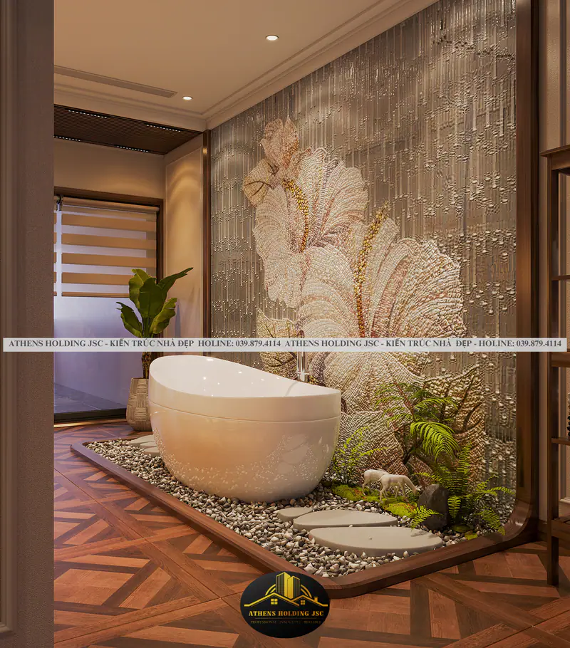 Bồn tắm trên nền sỏi trước tranh tường hoa