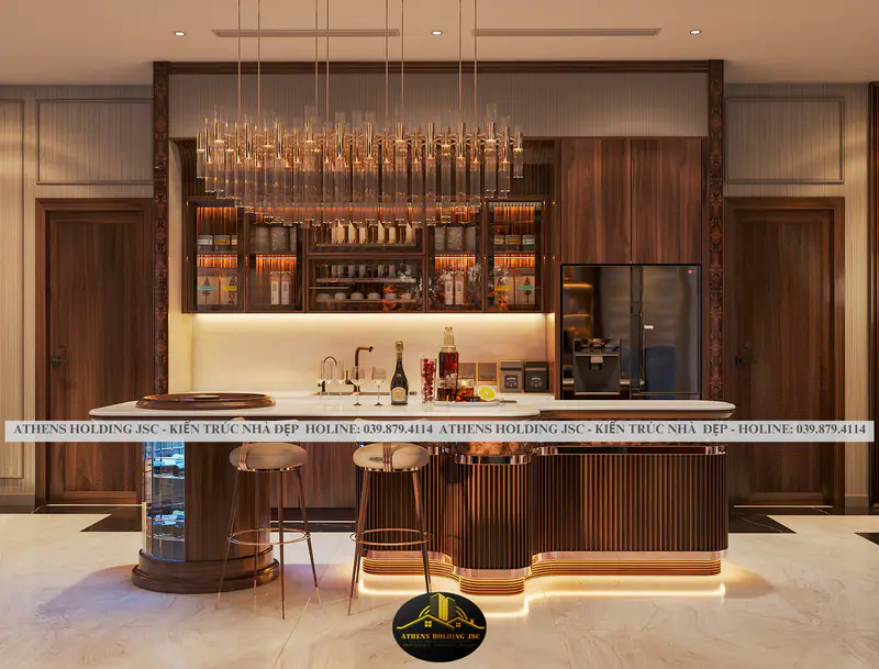 Quầy bar với tủ rượu và đèn thả pha lê