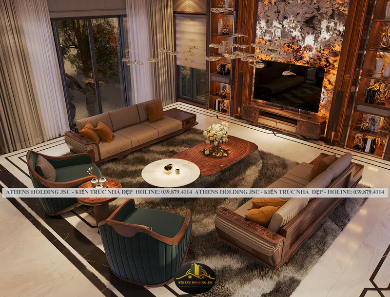 Phòng khách nhìn từ trên với sofa và ghế xanh rêu
