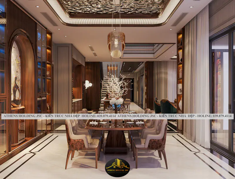 Phòng ăn dưới trần hoa văn và cửa vòm