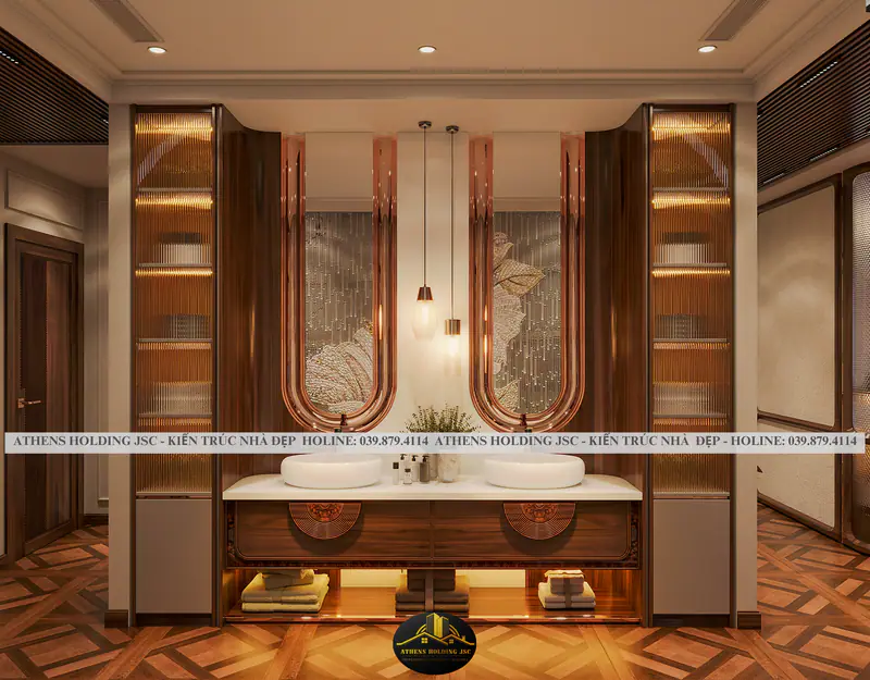Lavabo đôi với kệ kính hai bên