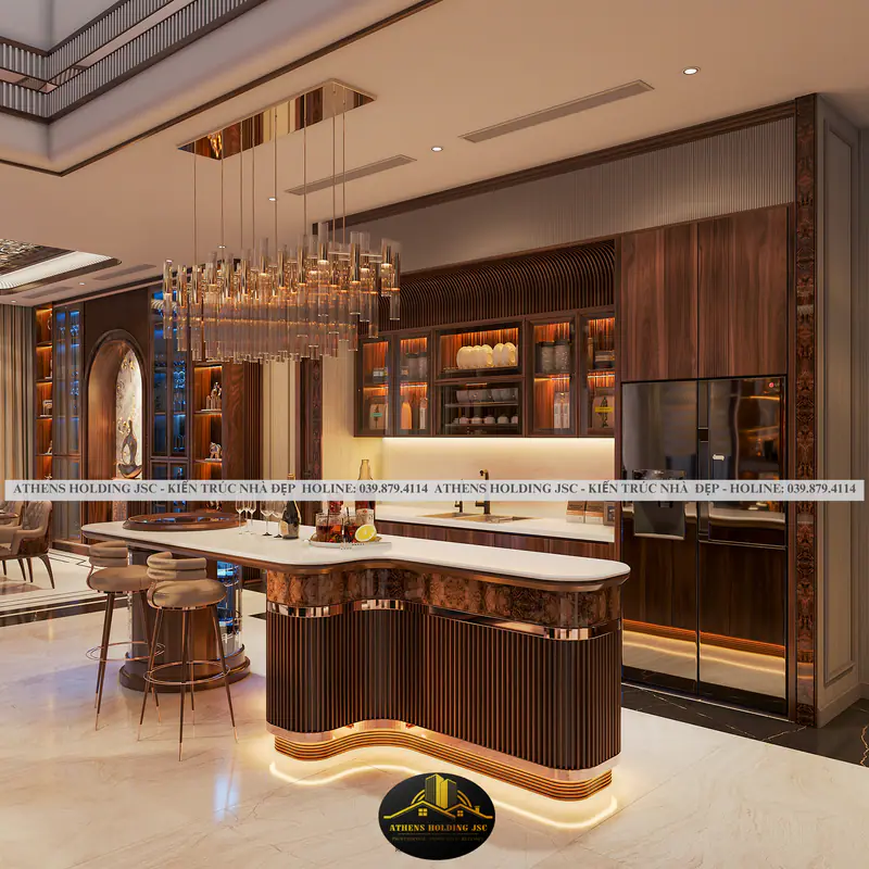 Quầy bar gỗ cong với đèn chùm pha lê