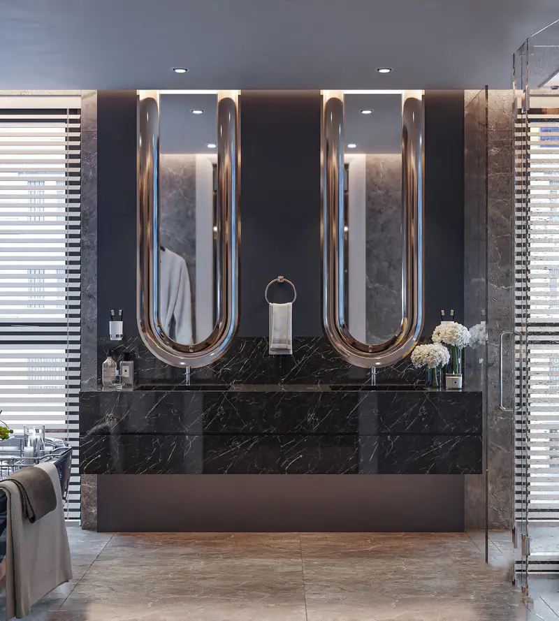 Lavabo đôi đá đen với gương viền đồng