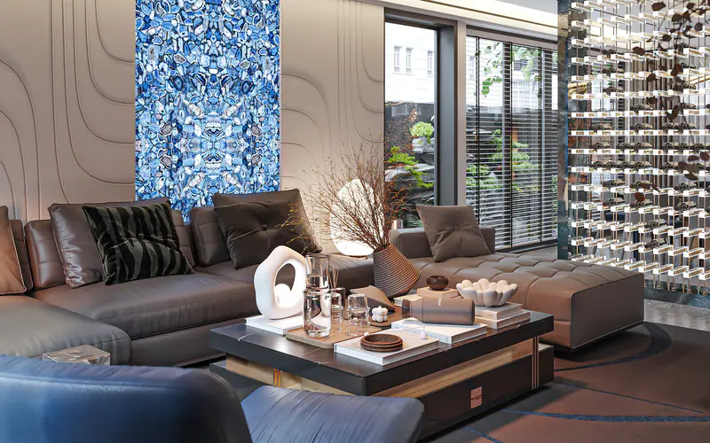 Phòng khách sofa xám với mảng đá sapphire xanh