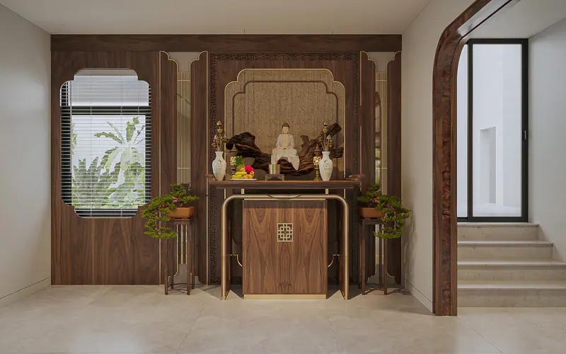 Phòng thờ gỗ cạnh chân cầu thang