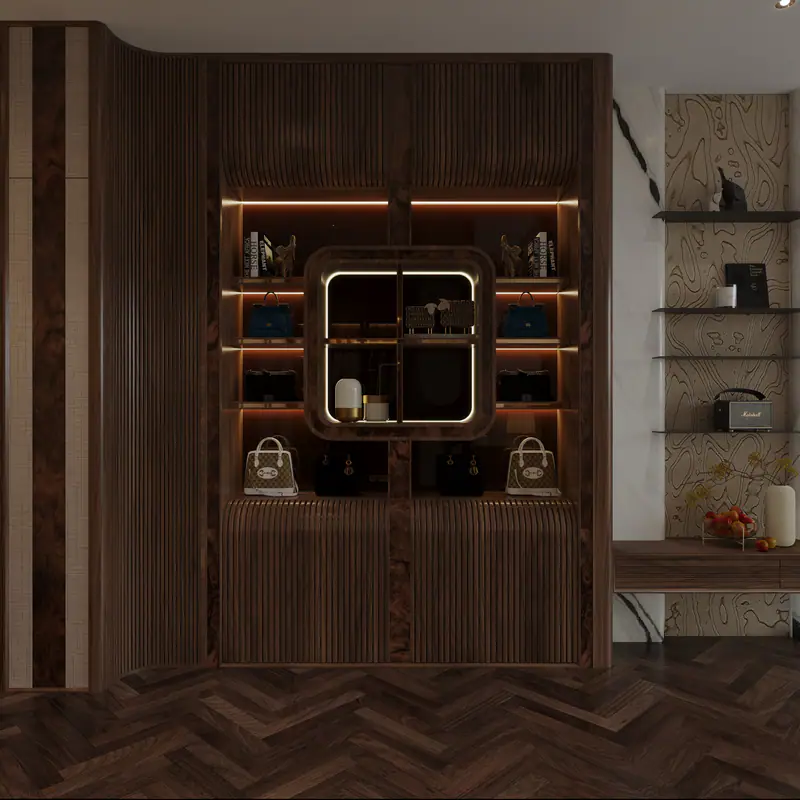 Tủ trưng bày gỗ với khung vuông bo góc