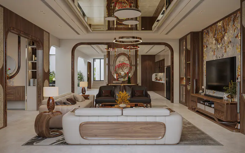 Phòng khách sofa trắng bo cong nhìn qua khung vòm