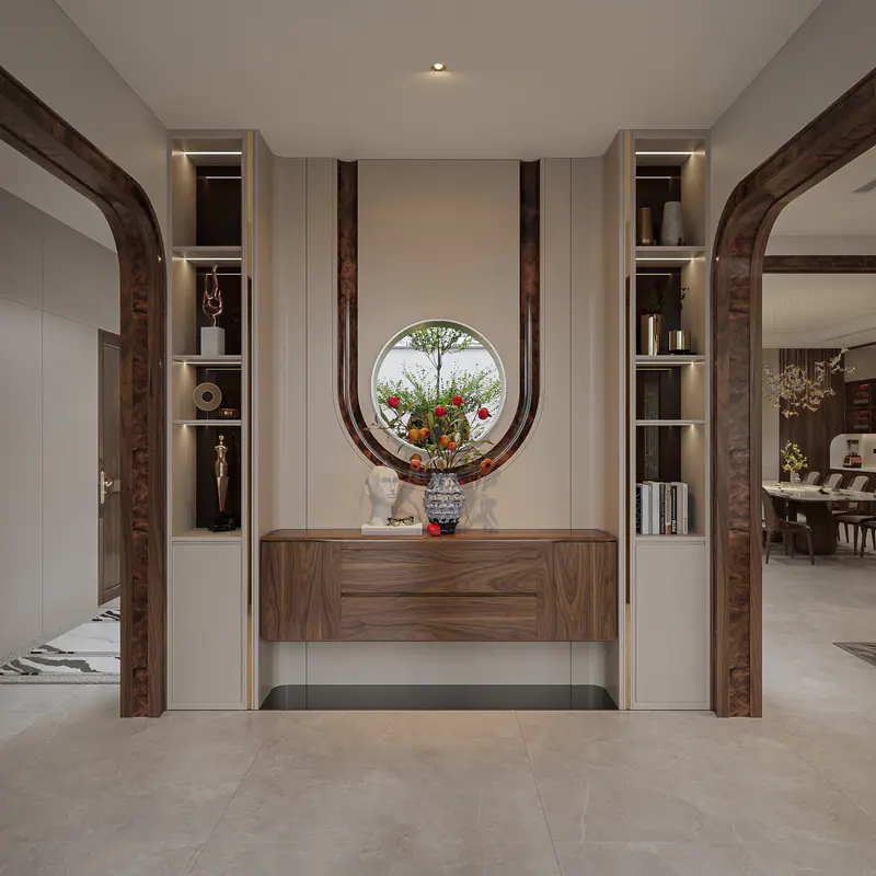 Sảnh vào với bàn console gỗ và gương tròn