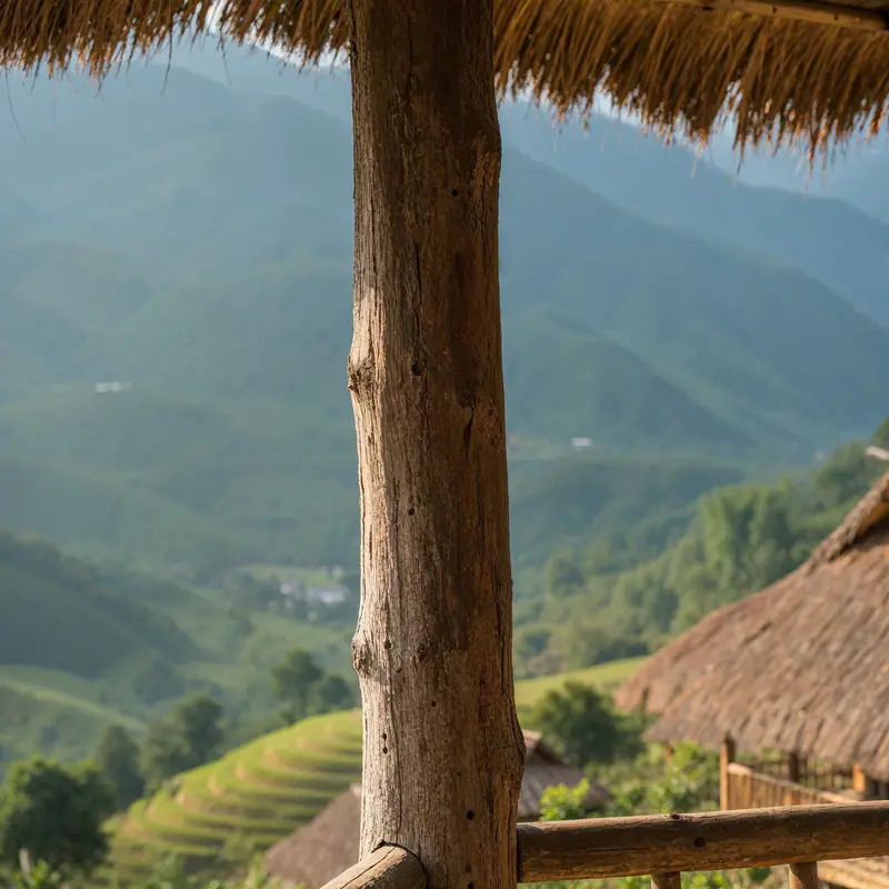Cột gỗ hiên nhà và thung lũng phía xa