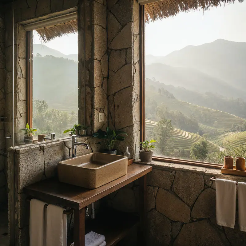 Lavabo đá bên cửa sổ nhìn ra núi