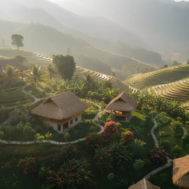 Nhà nghỉ nằm giữa ruộng bậc thang trong sương