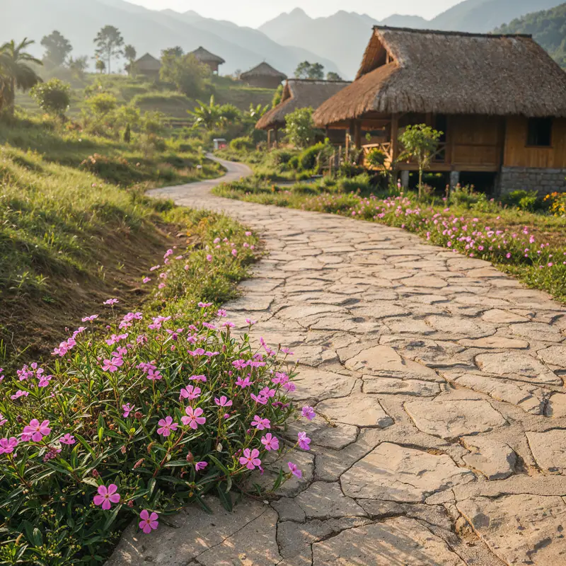 Lối đá uốn lượn với hoa ven đường