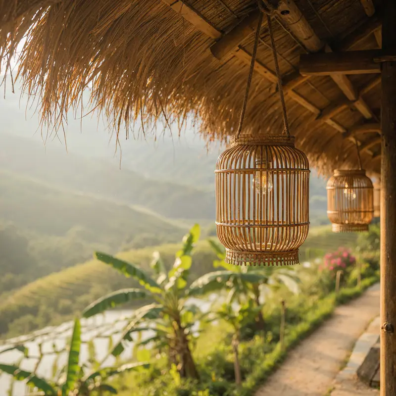 Hiên mái tranh với đèn mây nhìn ra ruộng bậc thang