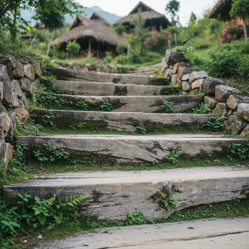 Bậc đá dẫn lên các nhà mái tranh