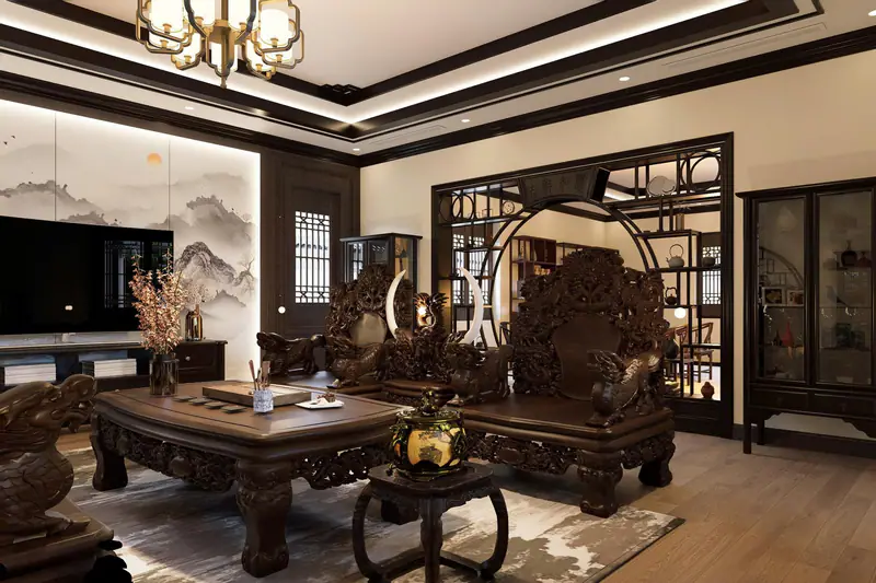 Phòng khách sập gụ trước bức tranh sơn thủy