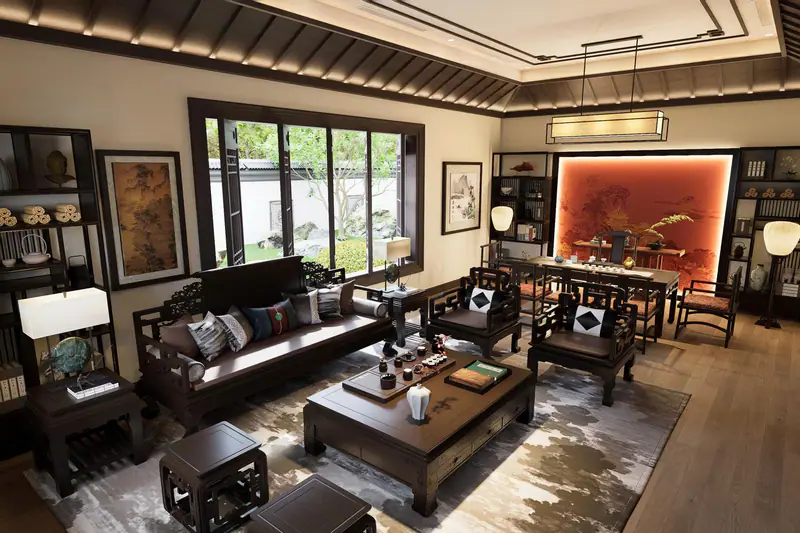 Phòng khách sofa gỗ và tranh nền đỏ