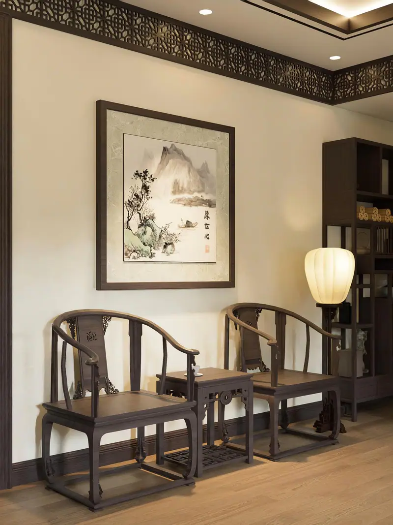 Cặp ghế quan mạo bên tranh thủy mặc