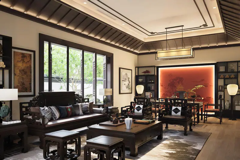 Phòng khách và phòng ăn liên thông dưới trần gỗ