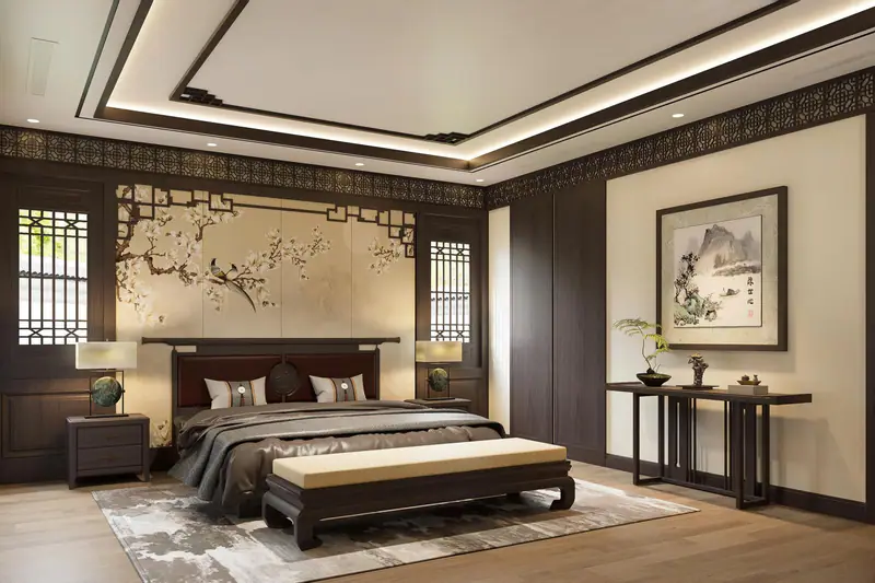 Phòng ngủ đầu giường tranh hoa đào và cửa song gỗ