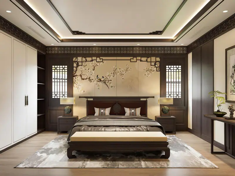 Phòng ngủ với vách tranh hoa
