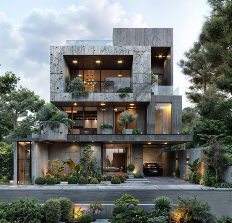 Nhà phố khung bê tông vân đá giữa cây xanh