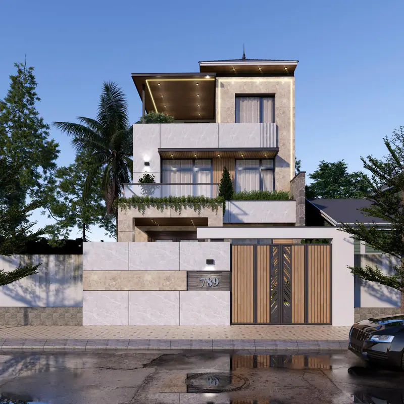 Nhà phố ba tầng trắng với cổng lam gỗ