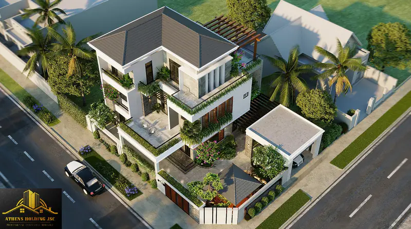 Phối cảnh trên cao biệt thự góc phố với sân vườn