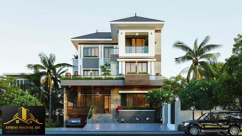 Biệt thự ba tầng mái thái với tầng trệt ốp gỗ