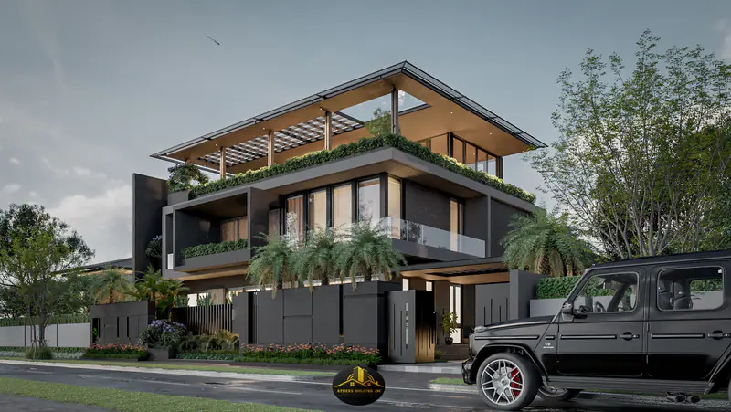 Biệt thự góc phố với lam gỗ