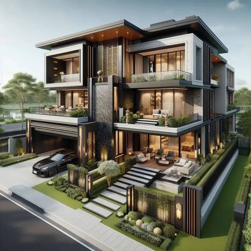 Biệt thự trên nền dốc với cầu thang ngoài trời và gara