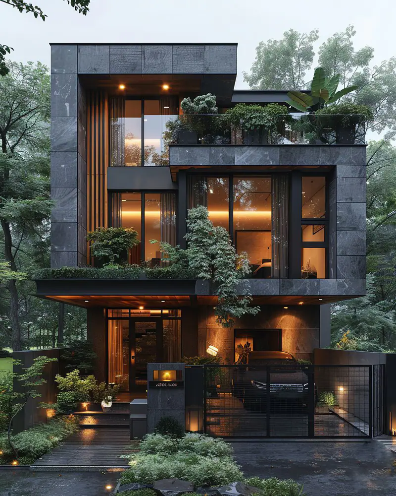 Nhà phố ốp đá xám và gỗ về đêm