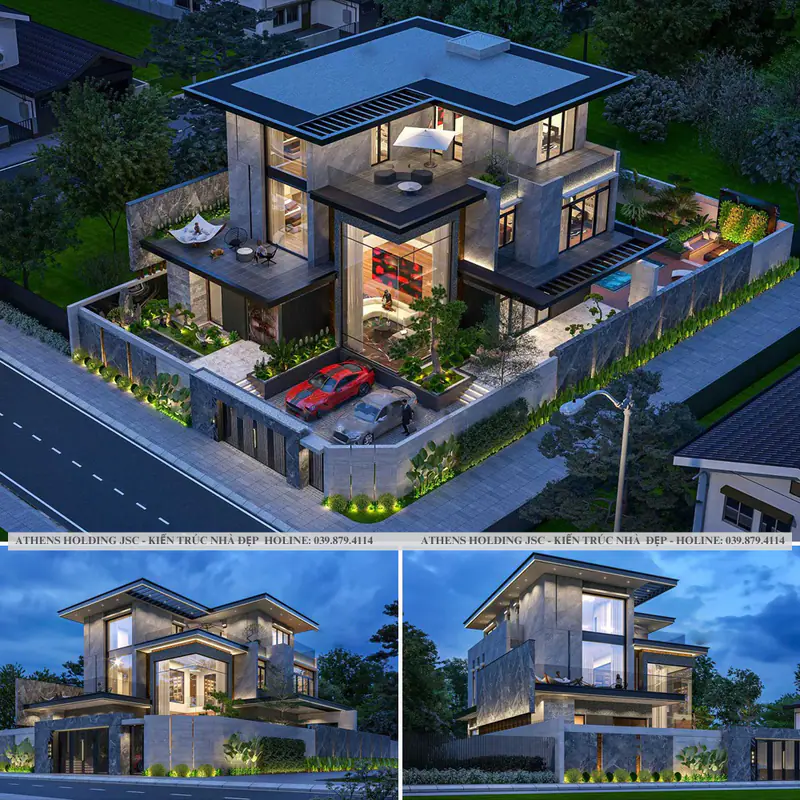 Bộ phối cảnh biệt thự góc phố nhìn từ trên cao