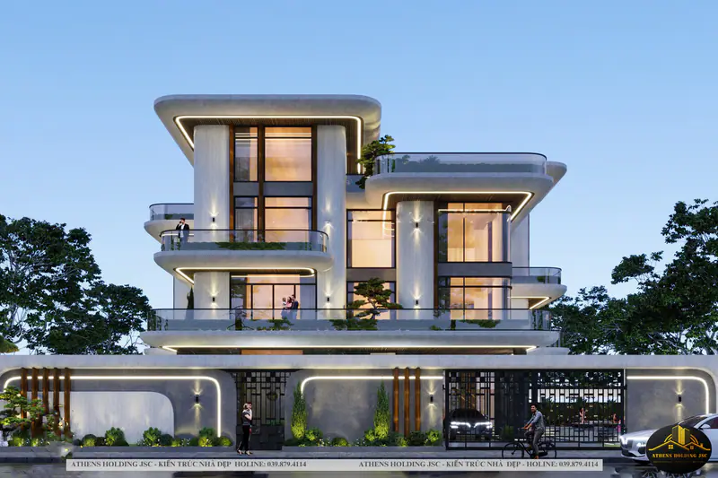 Biệt thự ba tầng trắng hiện đại về đêm