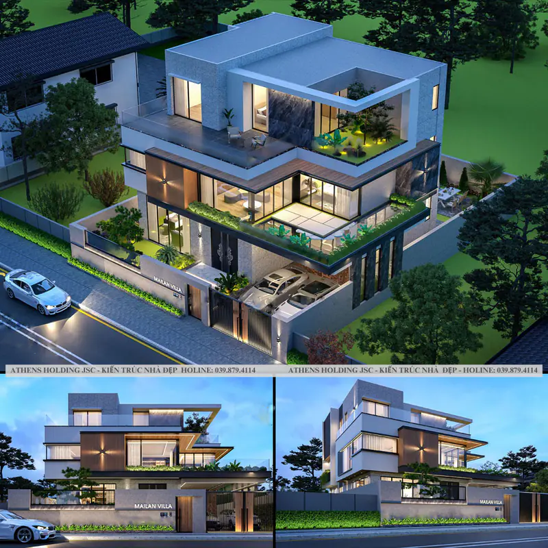 Bộ phối cảnh biệt thự khối hộp với sân thượng xanh