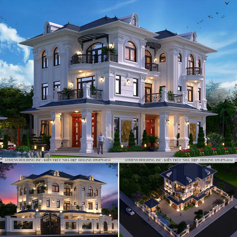 Bộ phối cảnh biệt thự tân cổ điển ba tầng ban công vòm