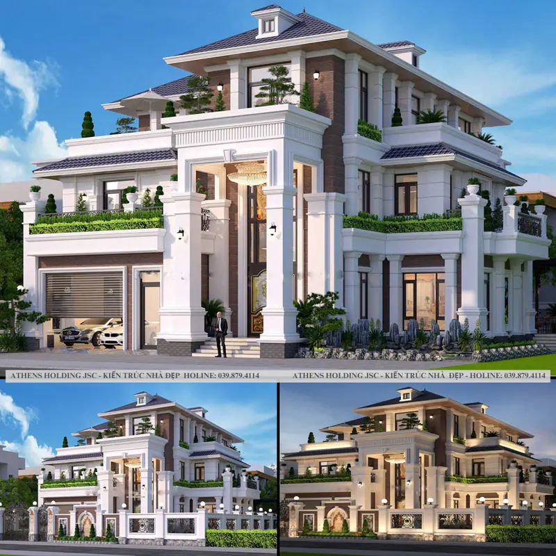 Bộ phối cảnh biệt thự tân cổ điển với sảnh cột cao