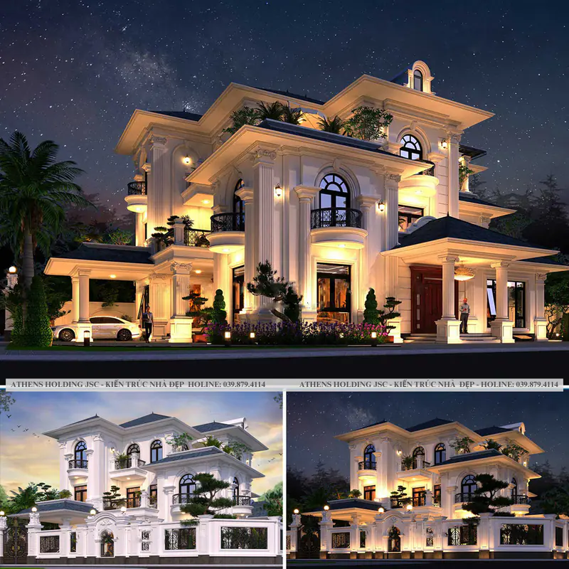 Bộ phối cảnh biệt thự tân cổ điển cửa vòm về đêm