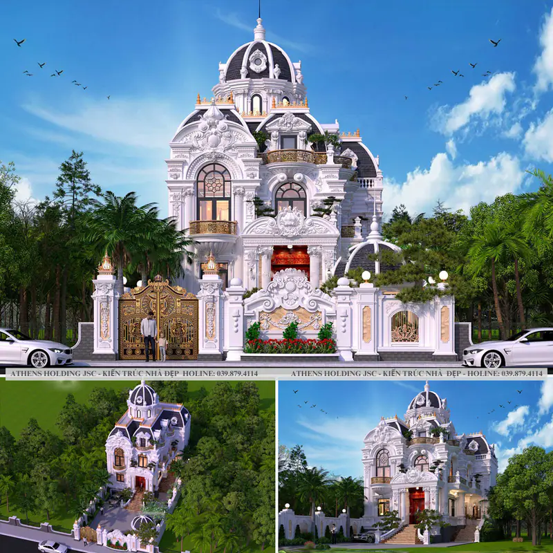 Bộ phối cảnh lâu đài trắng mái vòm tím than