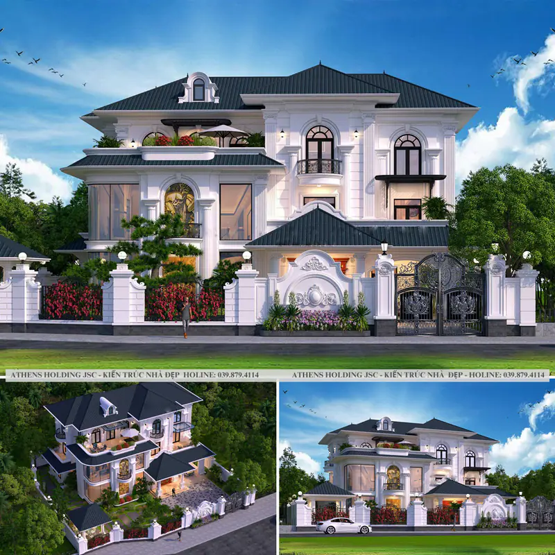 Bộ phối cảnh biệt thự tân cổ điển mái thái với cổng hoa văn
