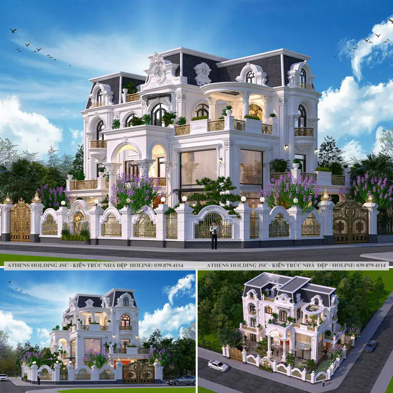 Bộ phối cảnh lâu đài trắng mái Mansard góc phố