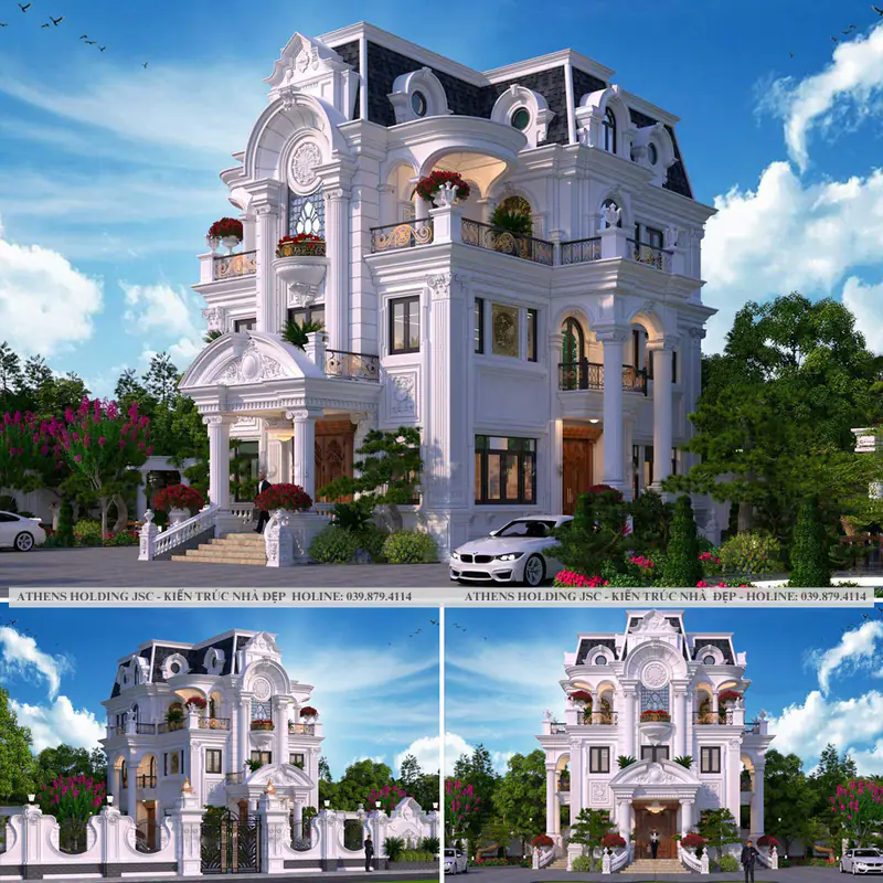 Bộ phối cảnh lâu đài trắng ba tầng với lối lên bậc