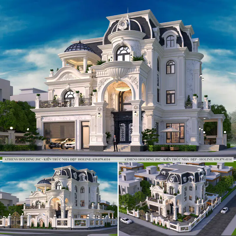 Bộ phối cảnh lâu đài trắng mái Mansard ban ngày
