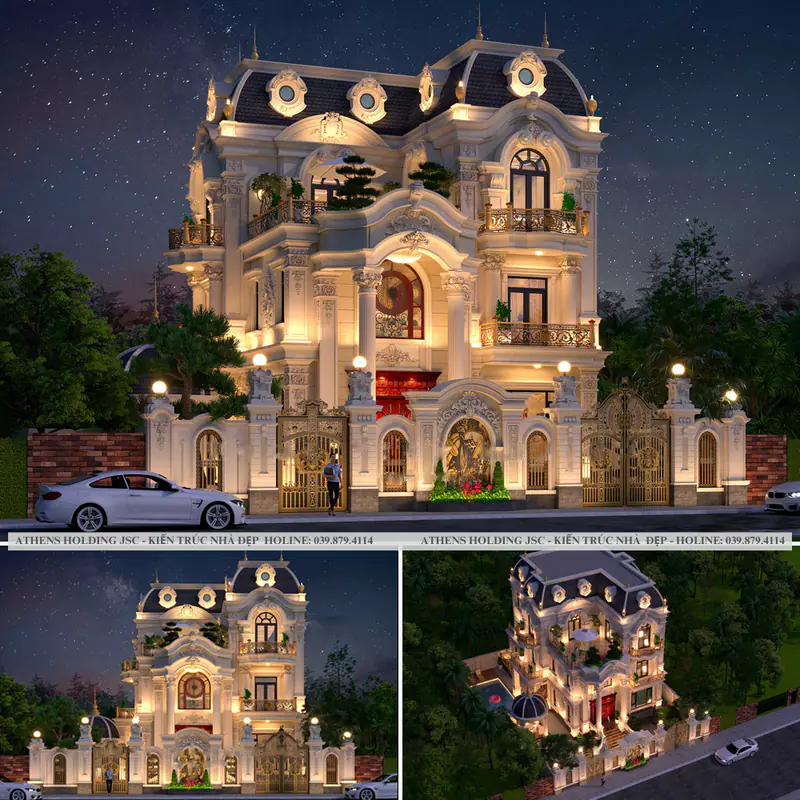 Bộ phối cảnh lâu đài phố mái Mansard về đêm