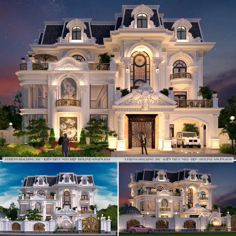 Bộ phối cảnh lâu đài mặt tiền rộng nhiều cửa vòm