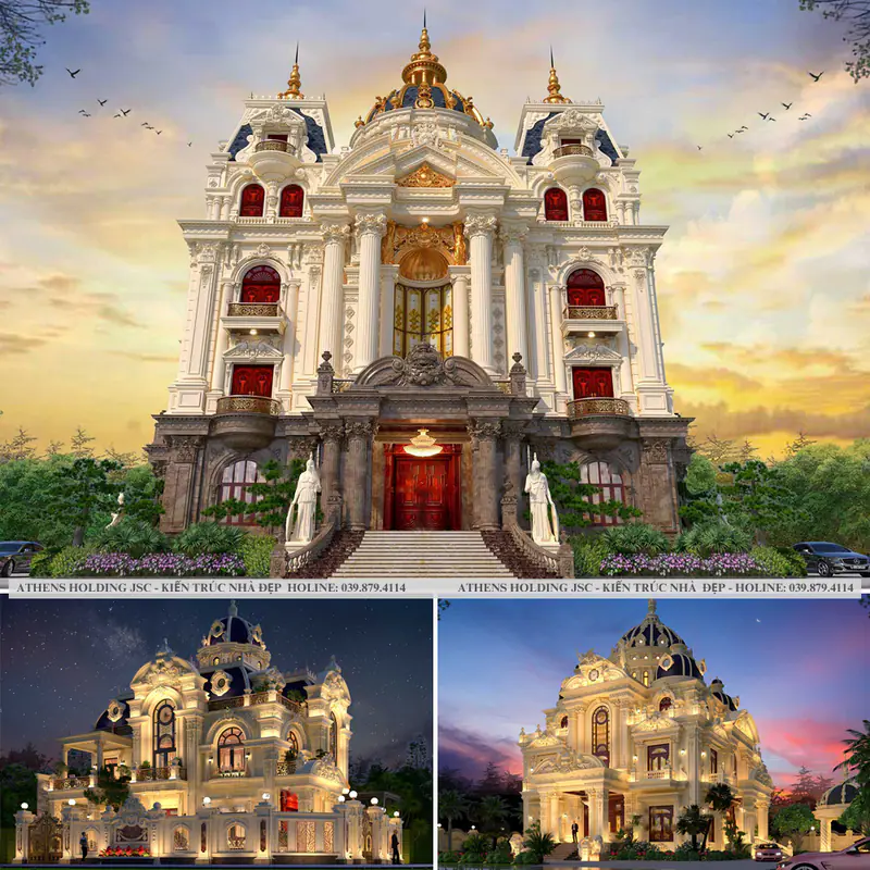 Bộ phối cảnh lâu đài tháp nhọn dưới trời bình minh