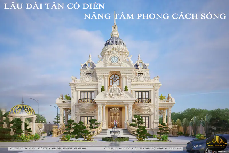 Lâu đài tân cổ điển với vườn tùng và đài phun nước