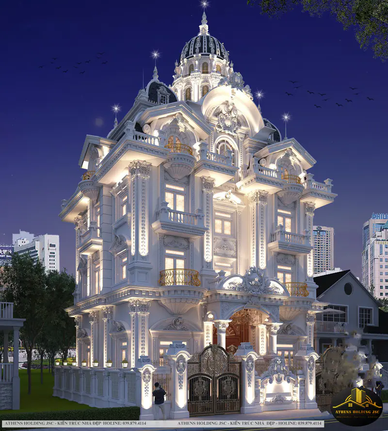 Lâu đài tháp nhọn phát sáng trên nền trời đêm