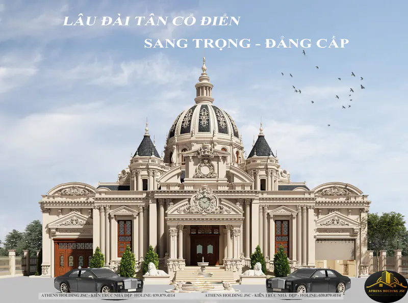 Lâu đài mái vòm lớn đối xứng với hai cánh nhà
