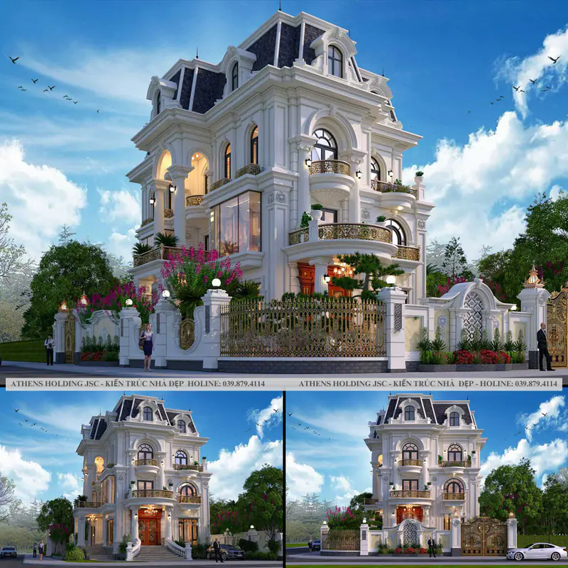 Bộ phối cảnh lâu đài trắng mái Mansard với cổng sắt
